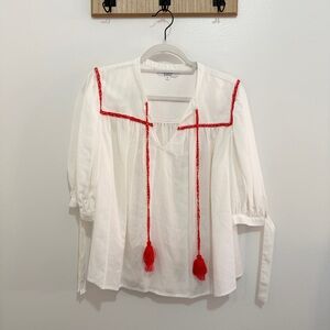 Crosby by Mollie Burch White Blouse XL Red Trim Tassel Boho Top